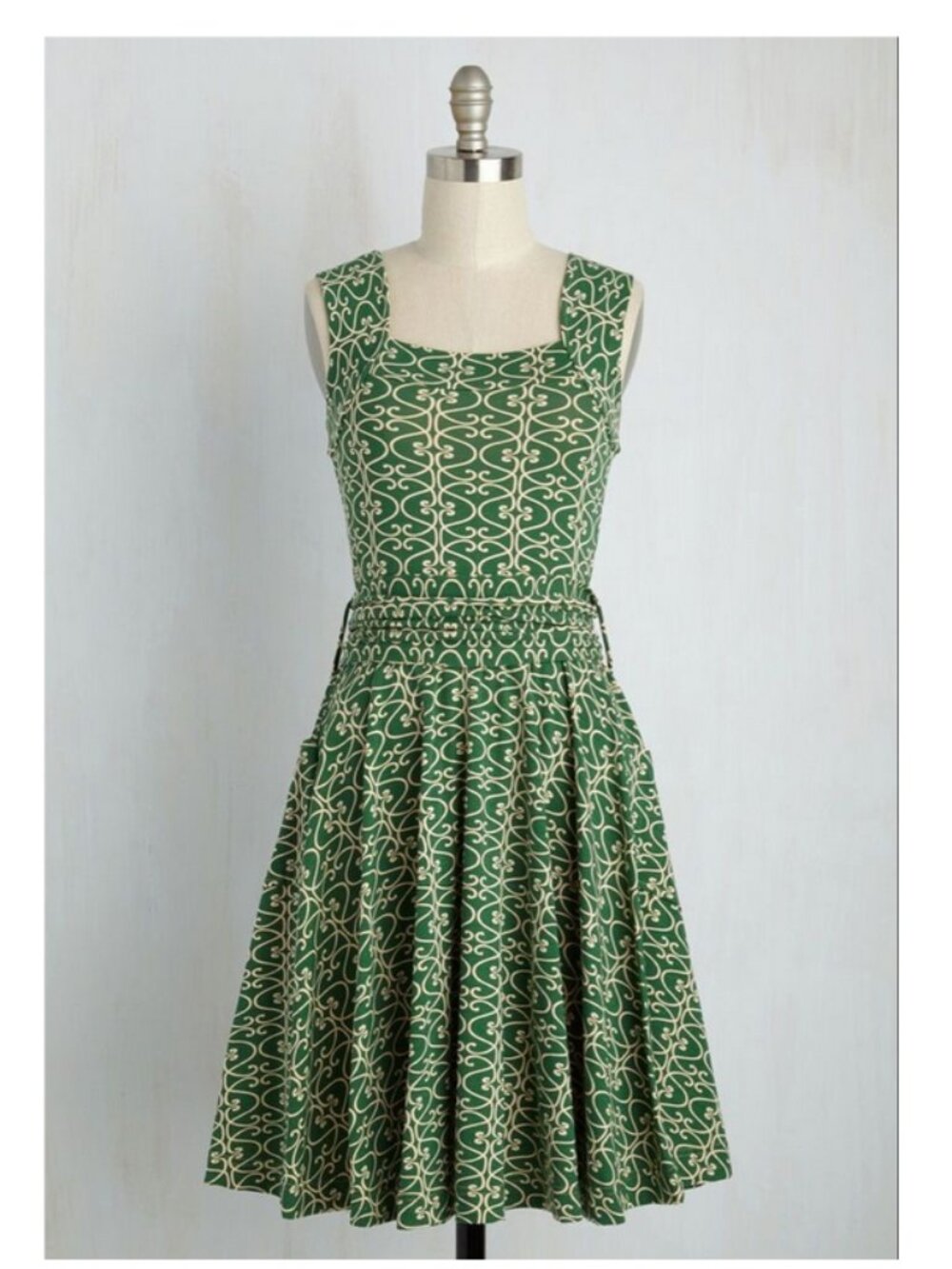 Modcloth Effie's Heart Cotton Fit-and-Flare Dress with Pockets, Green, Small